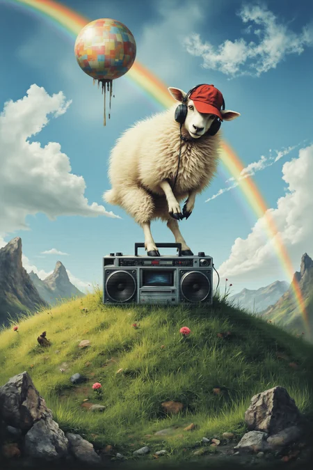 A fluffy sheep sporting a backwards baseball cap and headphones, breakdancing on a grassy knoll with a boombox, under a disco ball hanging from a rainbow.
Dark Art