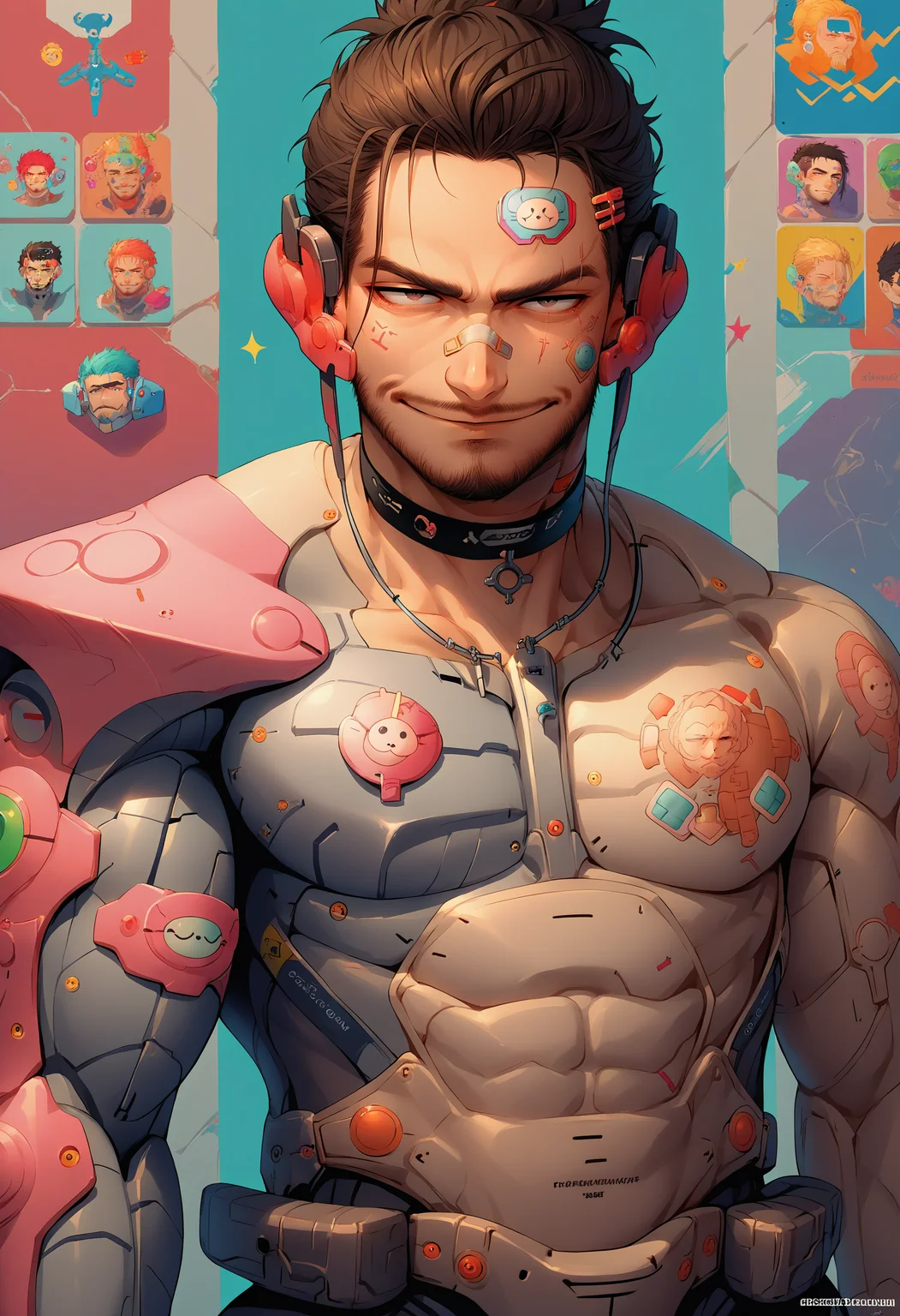 score_9, score_8_up, score_7_up, source_anime, 1boy, jewelry, sticker, hair ornament, hairclip, , bandaid on face, ring, choker, necklace, bandaid on hand, tattoo, <lora:ArtstyleStickerV2_XLPD:1.25>, colorful, <lora:JetstreamSam_XLPD:0.8> JetstreamSam, cyborg, bodysuit, headgear, beard, smirk,