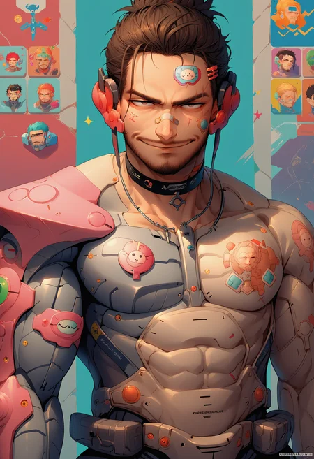 score_9, score_8_up, score_7_up, source_anime, 1boy, jewelry, sticker, hair ornament, hairclip, , bandaid on face, ring, choker, necklace, bandaid on hand, tattoo, <lora:ArtstyleStickerV2_XLPD:1.25>, colorful, <lora:JetstreamSam_XLPD:0.8> JetstreamSam, cyborg, bodysuit, headgear, beard, smirk,
