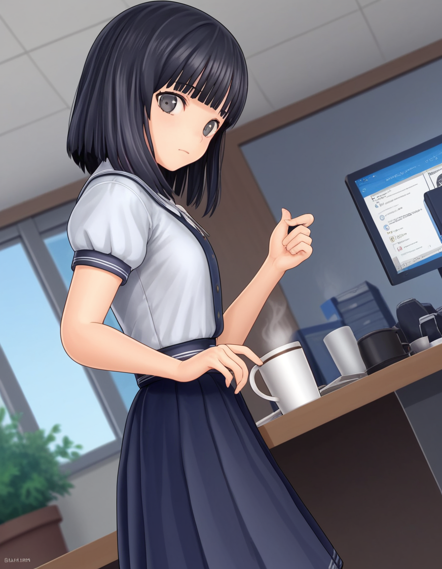 score_9, score_8_up, score_7_up, source_anime, <lora:rinze-himenogi-ingame-ponyxl-lora-nochekaiser:1>, rinze himenogi, bangs, black hair, blunt bangs, black eyes, 3d, skirt, dress, school uniform, short sleeves, puffy sleeves, black dress,, home office, working from home, computer screen, coffee cup, focus, deadline, , looking at viewer, from side, solo,, dutch angle,