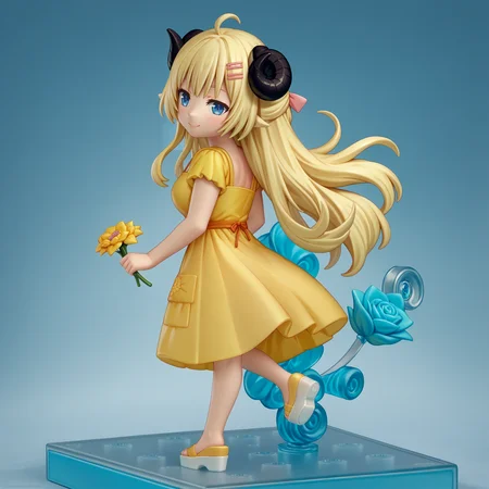 score_9, score_8_up, score_7_up, faux figurine, nendoroid, full body, figure, platform, solo, <lora:Nendoroid_pdxl_Incrs_v1:1>, <lora:ChamTsunomakiWatamePonyXL:0.8> TsunomakiWatame, horns, long hair, ahoge, hairclip, yellow sundress, from behind, seductive smile, holding flower, blue eyes,