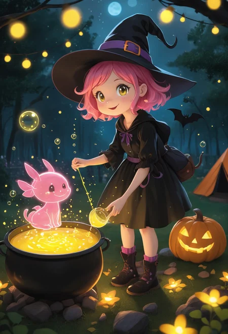A witch mixing liquid inside a cauldron, pink hair, cute, large witch hair, bubbling yellow liquid inside the cauldron, Halloween bucket with glowing candy inside, LIGHT ART PICTURE BOOK, dark theme, fireflies, outdoors, tent in the background