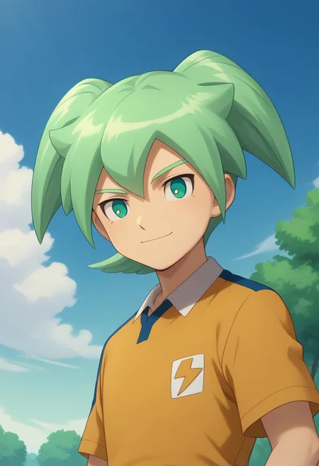 score_9, score_8_up, score_7_up, source_anime, highly detailed,
feirun, 1boy, male focus, solo, green hair, twintails, green eyes, sportwear, raimon, raimon soccer uniform, shirt, yellow shirt, short sleeves, shorts, blue shorts, smile
outdoor, sky, cloud, tree