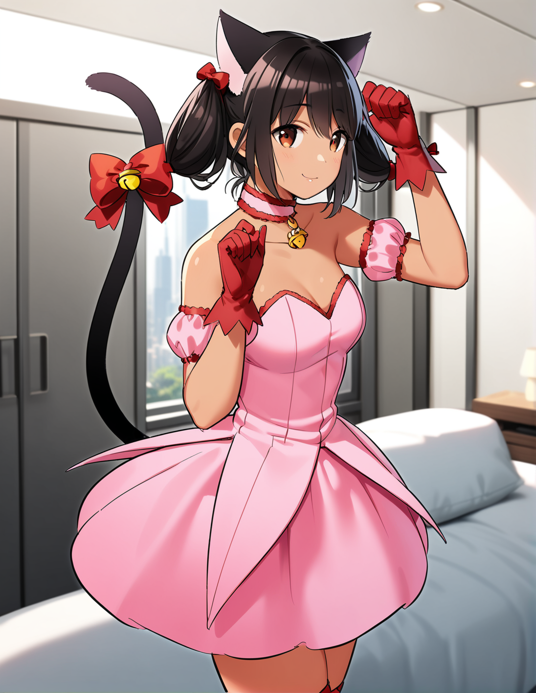 1girl, solo,  <lora:sdxl-lyco-mew_ichigo-cosplay-animagine_xl_3_1-AdamW8bit-v1-1-1:1:lbw=0,0,0,0,0,0,0,0,1,1,0,0,0,0,1,1,1,0,0,0,0,0,0,0,0,0>, mew_ichigo_cosplay, bunches hair, black hair,  dark skin , , tail bow, gloves, cat tail, red gloves, tail bell, choker, detached sleeves,pink dress, strapless, relaxed posture, elbows extended, standing,  ,,smile, best quality, very aesthetic, ultra-detailed, intricate details, 4k,BREAK  in a penthouse apartment