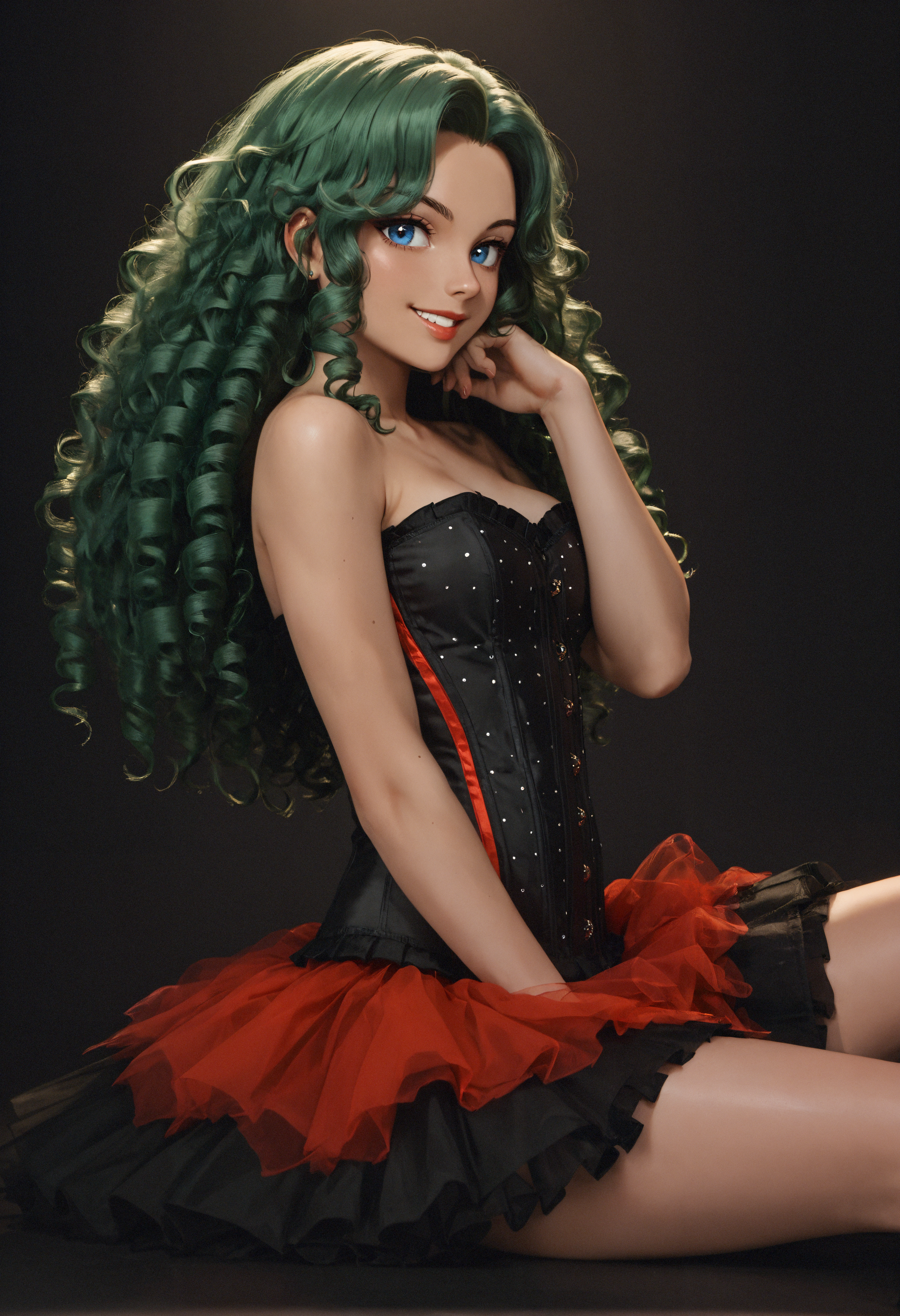 score_9,score_8_up,score_7_up,score_6_up,masterpiece,best quality,amazing quality,very aesthetic,high resolution,ultra-detailed,absurdres,dark background,1girl,sitting,dark skin,very dark skin looking_at_viewer,from_side,smiling,medium breasts,green hair,very long curly hair,blue eyes,two-tone skirt,layered skirt,black skirt,red skirt,bare shoulders,black corset,red accent,red line,strapless,rhinestones,<lora:MyTrainings\Temp\Black_Red_Tutu_Skirt_Corset_Pony_ARZUMATA\v3\Black_Red_Tutu_Skirt_Corset_Pony_ARZUMATA.safetensors:0.7>