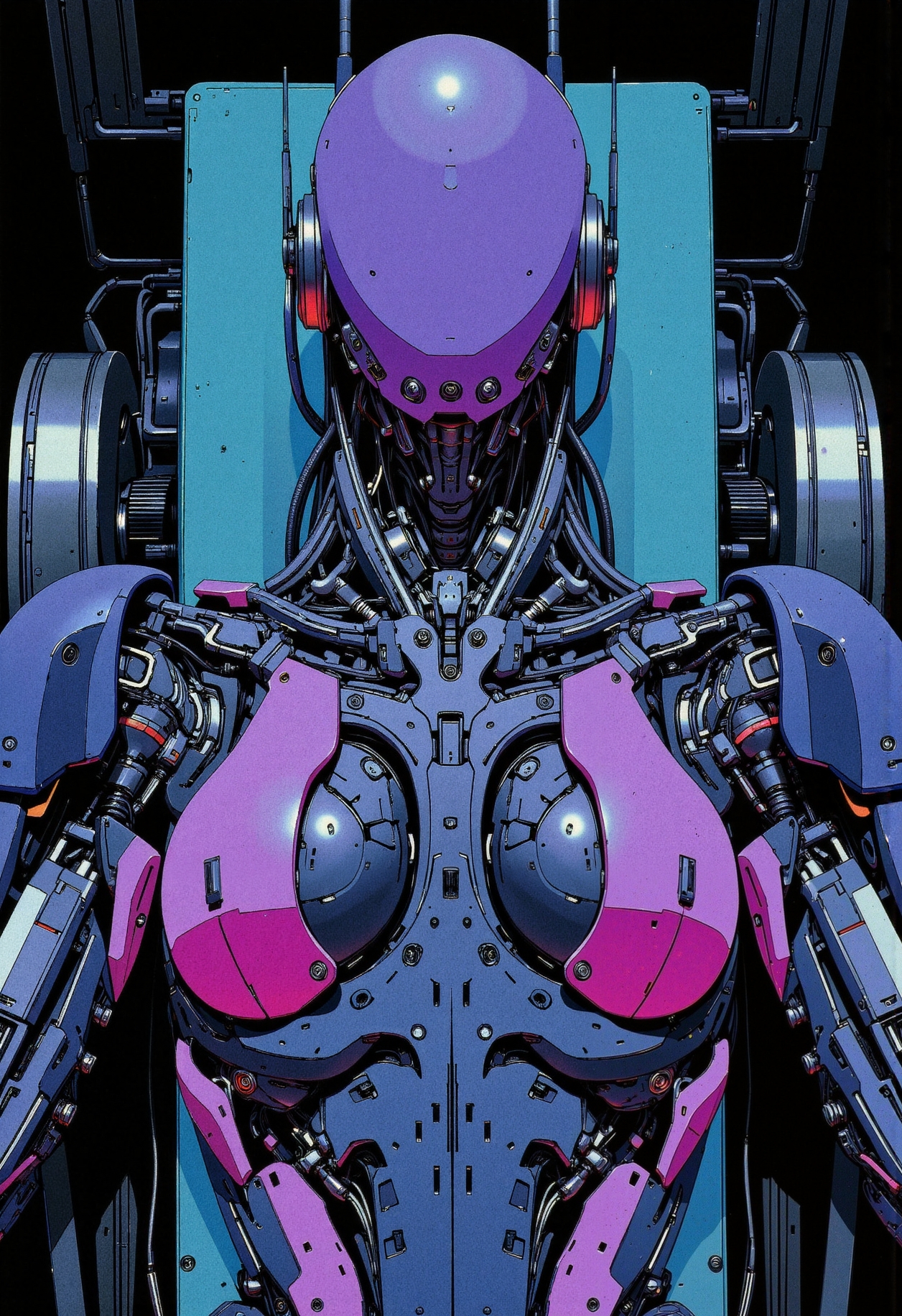 anime, manga, inksketch, studio anime, in the style of ckfa, Top-down angle showing faceless android Motoko Kusanagi on an operating table within a dark, high-tech chamber. Her cybernetic shell is open, intricate cables and implants exposed. Neon reflections on chrome surfaces, shadowed background, advanced cybernetic realism, hyper-detailed skin texture and components.