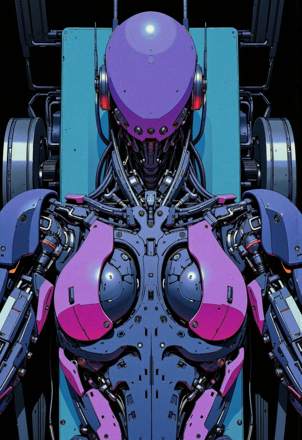 anime, manga, inksketch, studio anime, in the style of ckfa, Top-down angle showing faceless android Motoko Kusanagi on an operating table within a dark, high-tech chamber. Her cybernetic shell is open, intricate cables and implants exposed. Neon reflections on chrome surfaces, shadowed background, advanced cybernetic realism, hyper-detailed skin texture and components.