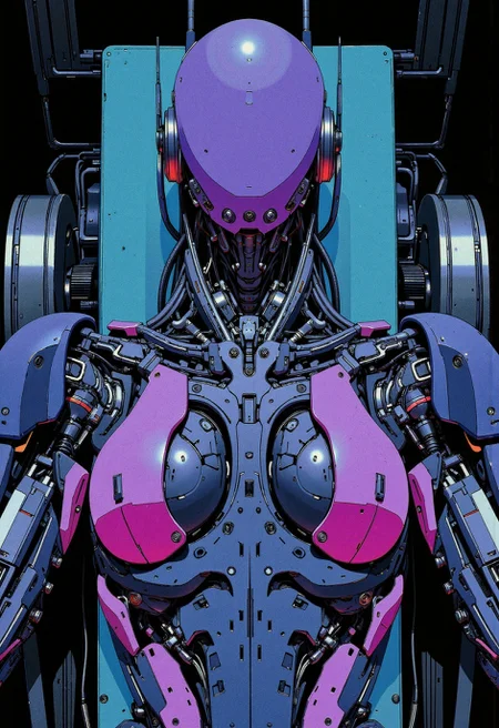 anime, manga, inksketch, studio anime, in the style of ckfa, Top-down angle showing faceless android Motoko Kusanagi on an operating table within a dark, high-tech chamber. Her cybernetic shell is open, intricate cables and implants exposed. Neon reflections on chrome surfaces, shadowed background, advanced cybernetic realism, hyper-detailed skin texture and components.