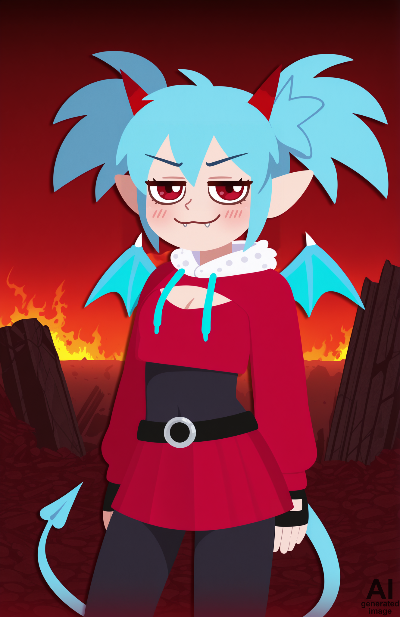 1girl, solo, ruins, hell, cloud, red sky, dark sky, fiery sky, fire, cowboy shot,
<lora:Nullantwins:0.8> zhuu, red eyes, blue hair, red horns, demon tail, blue tail, demon wings, blue wings, twintails, big hair, pointy ears,
red hoodie, cropped hoodie, long sleeves, black bodysuit, fur-trimmed hoodie, blue fur, black gloves, fingerless gloves, cleavage cutout, red skirt, midriff, black belt, belt buckle, blue drawstring,
contrapposto, light smile, blush, looking at viewer, smug, :3, fangs out,
<lora:GrittySugar:1> grittysugar,, extremely detailed, highres, masterpiece, best quality
