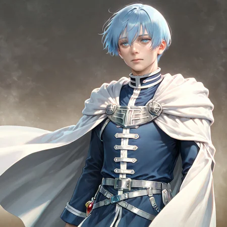 masterpiece, best quality, newest, absurdres, highres, H6UAS-V1.0IL, realistic, 1boy, himmel_(sousou_no_frieren, blue eyes, blue hair, cape, white cape, collared shirt,
