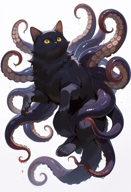 (masterpiece, best quality, high quality, highres), very awa, highres, absurdres,
(no humans:1.1), (solo:1.2), full body,
(black cat:0.6), (octopus:0.7), (fluffy:0.4), (tentacles:0.7), (multiple limbs:0.7), paws,
simple white background,
