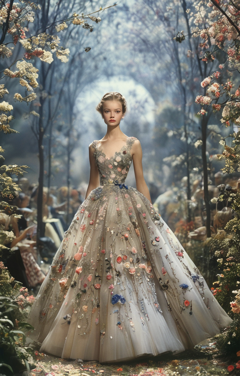 masterpiece,best quality,<lora:tbh322-sdxl:0.9>,illustration,style of Christian Dior Ethereal Dior haute couture dress, delicate embroidery, sheer fabrics, dreamy garden backdrop