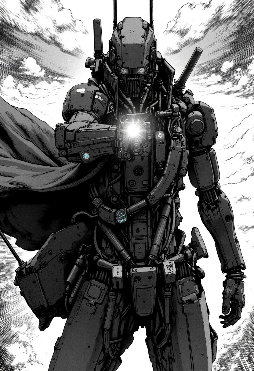 nistyle, monochrome manga sketch, A Closeup Portrait of a robot cowboy delivering a powerful punch, extreme Closeup of His Face - shrouded in mystery. He wears a, tattered high collar coat that billows dramatically in the wind, creating a striking contrast against the rugged landscape. Hyperdetailed badass Closeup, hyperdetailed, deadly Gaze, mouth obscured by the coats high collar,