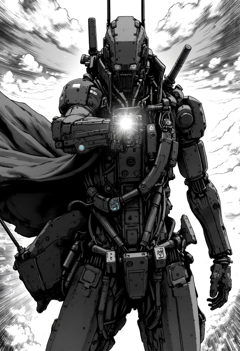nistyle, monochrome manga sketch, A Closeup Portrait of a robot cowboy delivering a powerful punch, extreme Closeup of His Face - shrouded in mystery. He wears a, tattered high collar coat that billows dramatically in the wind, creating a striking contrast against the rugged landscape. Hyperdetailed badass Closeup, hyperdetailed, deadly Gaze, mouth obscured by the coats high collar,