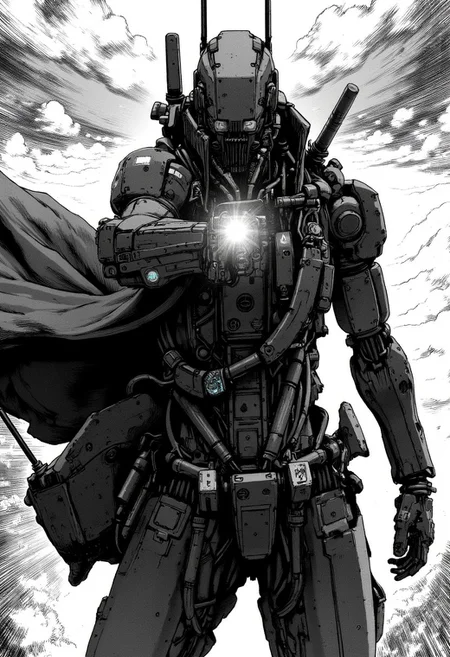 nistyle, monochrome manga sketch, A Closeup Portrait of a robot cowboy delivering a powerful punch, extreme Closeup of His Face - shrouded in mystery. He wears a, tattered high collar coat that billows dramatically in the wind, creating a striking contrast against the rugged landscape. Hyperdetailed badass Closeup, hyperdetailed, deadly Gaze, mouth obscured by the coats high collar,
