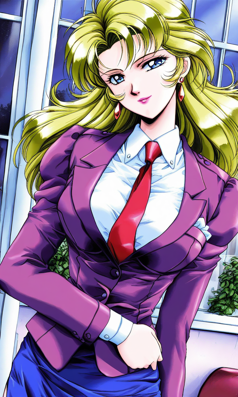 general,highres, ultra-detailed,very aesthetic,best quality ,best hands, BREAK <lora:Naitou_Midori_SHANGRLIA2_IS:1>
Naitou_Midori, 1girl, solo,  blond green hair, blue eyes, jewelry, earrings, long hair, large breasts, pink lipstick.
light smile, looking at viewer, ï¼purple jacket, red necktie,blue skirt, 
window, shirt, formal, long sleeves, outdoor,