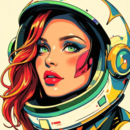 Futurism woman astronaut art. she has robot implant and opened helmet. Art make up and and deep green eyes. 30 years old, red hair, perfect face. On background cubism and geometric art, some schemes and grafs lines. Inkpunk Anime
