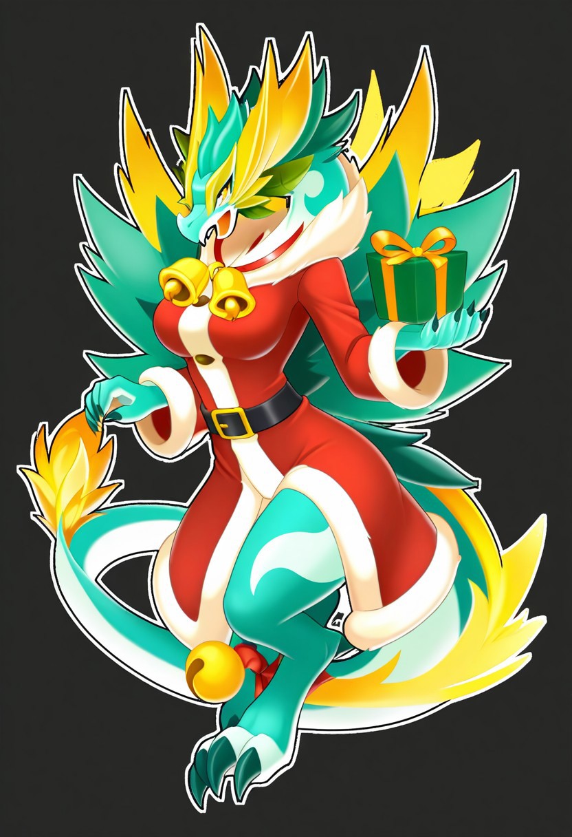 score_9, score_8_up, score_7_up,8k,(masterpiece,best quality)),best res,,good anatomy,cute,(sexy:1.3),ultra cute,,face,hot,female,smiling,extremely detailed face,4k,happy, upper body,,detailed eyes,beautiful,smiling,,cute,very cute,upper body,tall,arms,,  blush, perfect lighting, hips, skinny,,tall female,highTidingDragon, solo, smile, open mouth, simple background, long sleeves, bow, tail, full body, horns, coat, fur trim, no humans, bell, black background, box, christmas, claws, jingle bell, neck bell, gift, dragon horns, santa costume, dragon tail, dragon, orange bow, gift box, antlers, animal focus, eastern dragon, duel monster