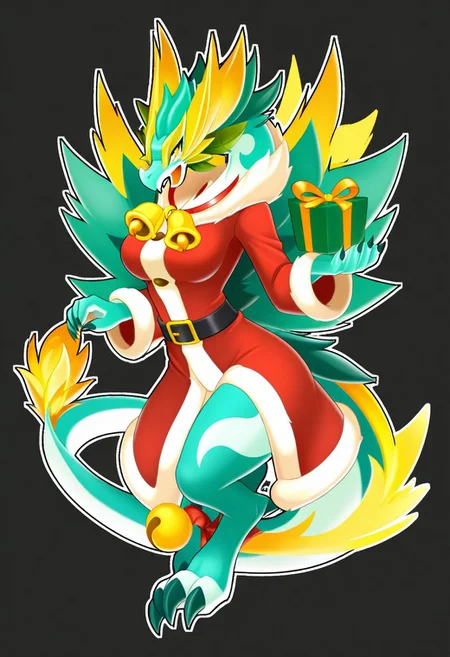 score_9, score_8_up, score_7_up,8k,(masterpiece,best quality)),best res,,good anatomy,cute,(sexy:1.3),ultra cute,,face,hot,female,smiling,extremely detailed face,4k,happy, upper body,,detailed eyes,beautiful,smiling,,cute,very cute,upper body,tall,arms,, blush, perfect lighting, hips, skinny,,tall female,highTidingDragon, solo, smile, open mouth, simple background, long sleeves, bow, tail, full body, horns, coat, fur trim, no humans, bell, black background, box, christmas, claws, jingle bell, neck bell, gift, dragon horns, santa costume, dragon tail, dragon, orange bow, gift box, antlers, animal focus, eastern dragon, duel monster