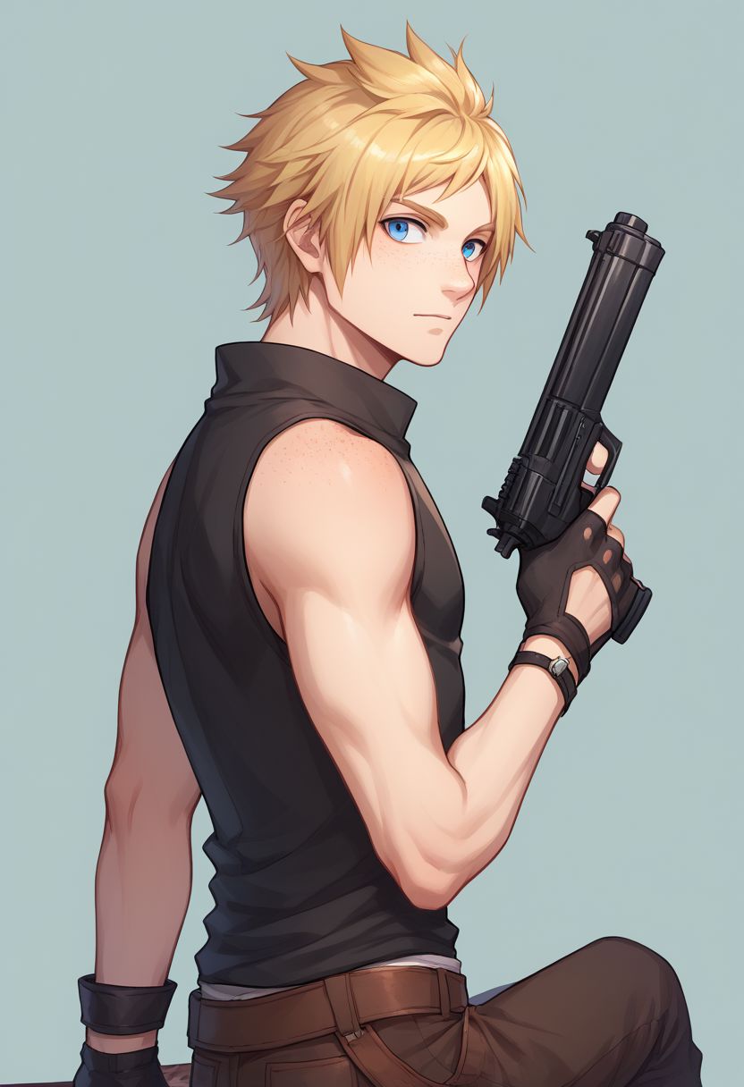 score_9, score_8_up, source_anime, highly detailed, 1boy, solo, male_focus,
prompto, 1boy, male focus, solo, weapon, blue eyes, blonde hair, gun, gloves, fingerless glovesboots, freckles, looking back, shirt, sleeveless
outdoor,