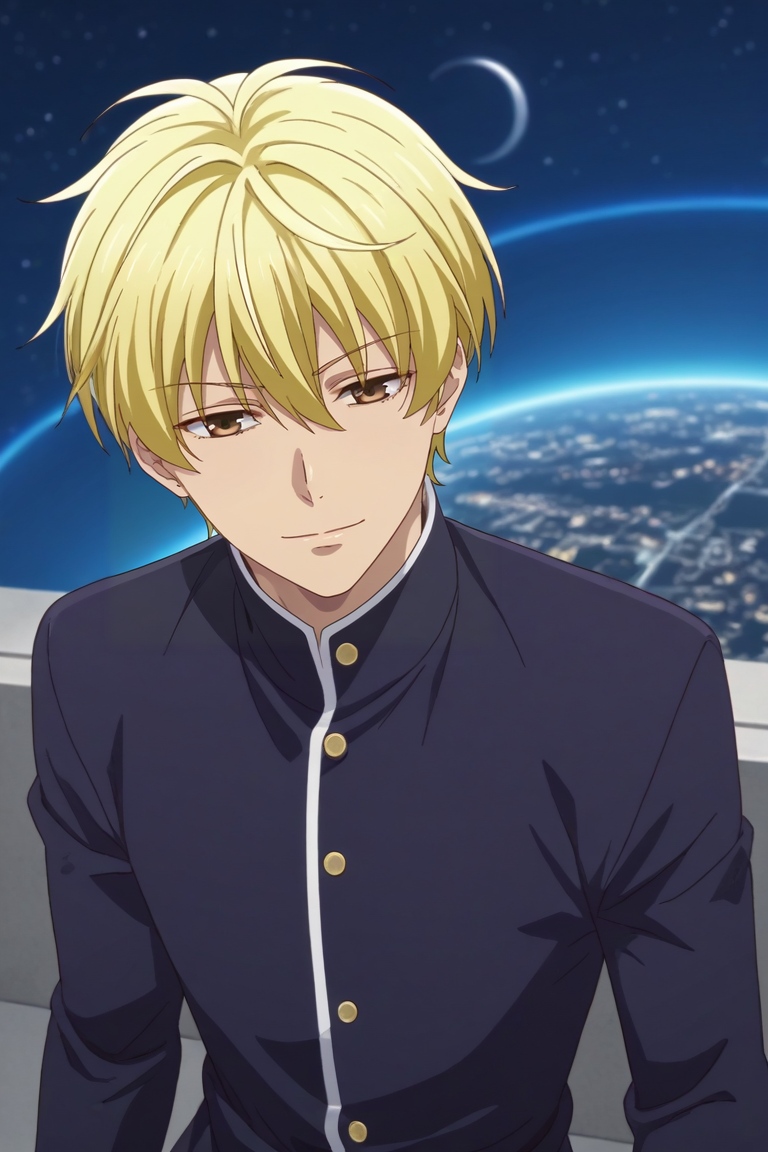 score_9, score_8_up, score_7_up, , rating_safe, intricate details, anime screencap, anime coloring, official style, , depth of field, 1boy, solo, male focus, <lora:momiji_souma_pony:0.94>, momiji_souma, blonde hair, brown eyes, short hair, hair between eyes, from above, spaceship, night, crescent moon, dynamic pose, half-closed eyes, smile, , <lora:sdxl_lightning_8step_lora:1>