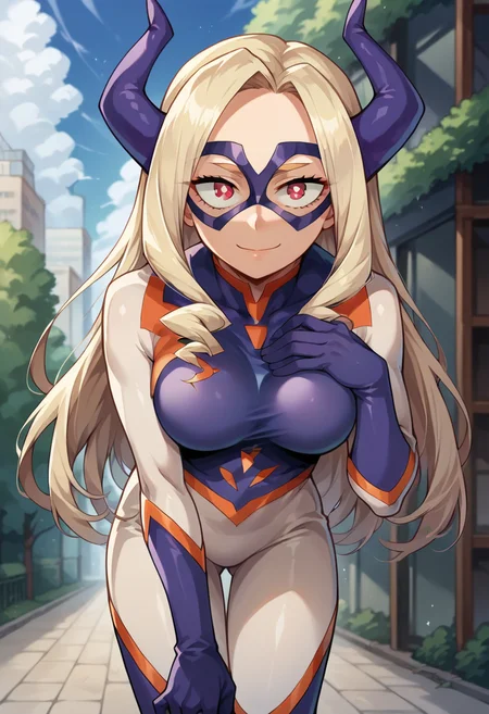 score_9, score_8_up, score_7_up, source_anime, masterpiece, 1girl, ctiantake, bodysuit, domino mask, looking at viewer, outdoors, leaning forward, hand on chest, smile, <lora:YuTakeyamaCT:0.8>