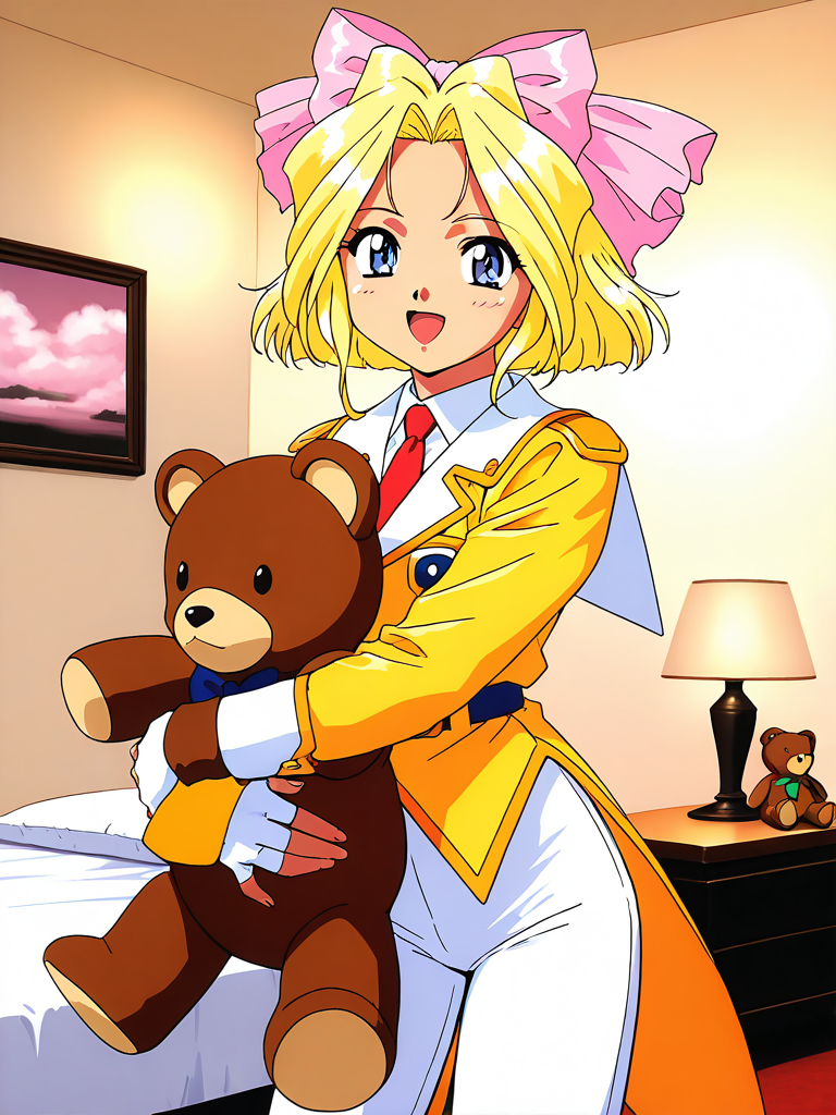masterpiece, best quality, good quality, <lora:Iris_Chateaubriand_IS:1>  IrisChateaubriand, blonde hair, solo, pink bow, teddy bear, blue eyes, stuffed animal, stuffed toy, bow, fingerless gloves, gloves, under body, 1girl, 
short hair, hair bow, open mouth, happy,
smile, standing, pants, 1990s (style),  ribbon, 
Yellow coattails, looking at viewer, holding, Yellow uniform, tachi-e, white pants. long pants,
hotel room,