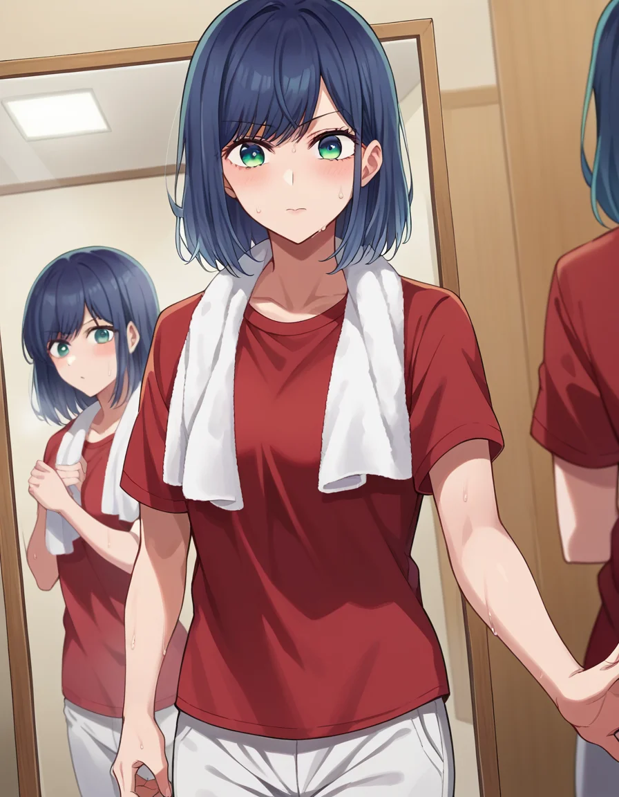 score_9, score_8_up, score_7_up, source_anime,
akanekurokawa, <lora:akane-kurokawa-ponyxl-lora-nochekaiser:1>,
akane kurokawa, bangs, green eyes, blue hair, medium hair, dark blue hair,
shirt, short sleeves, towel, t-shirt, red shirt, towel around neck, sweat pants, white towel, pants,
indoors, studio, mirror, dancing,
looking at viewer, cowboy shot, dutch angle,