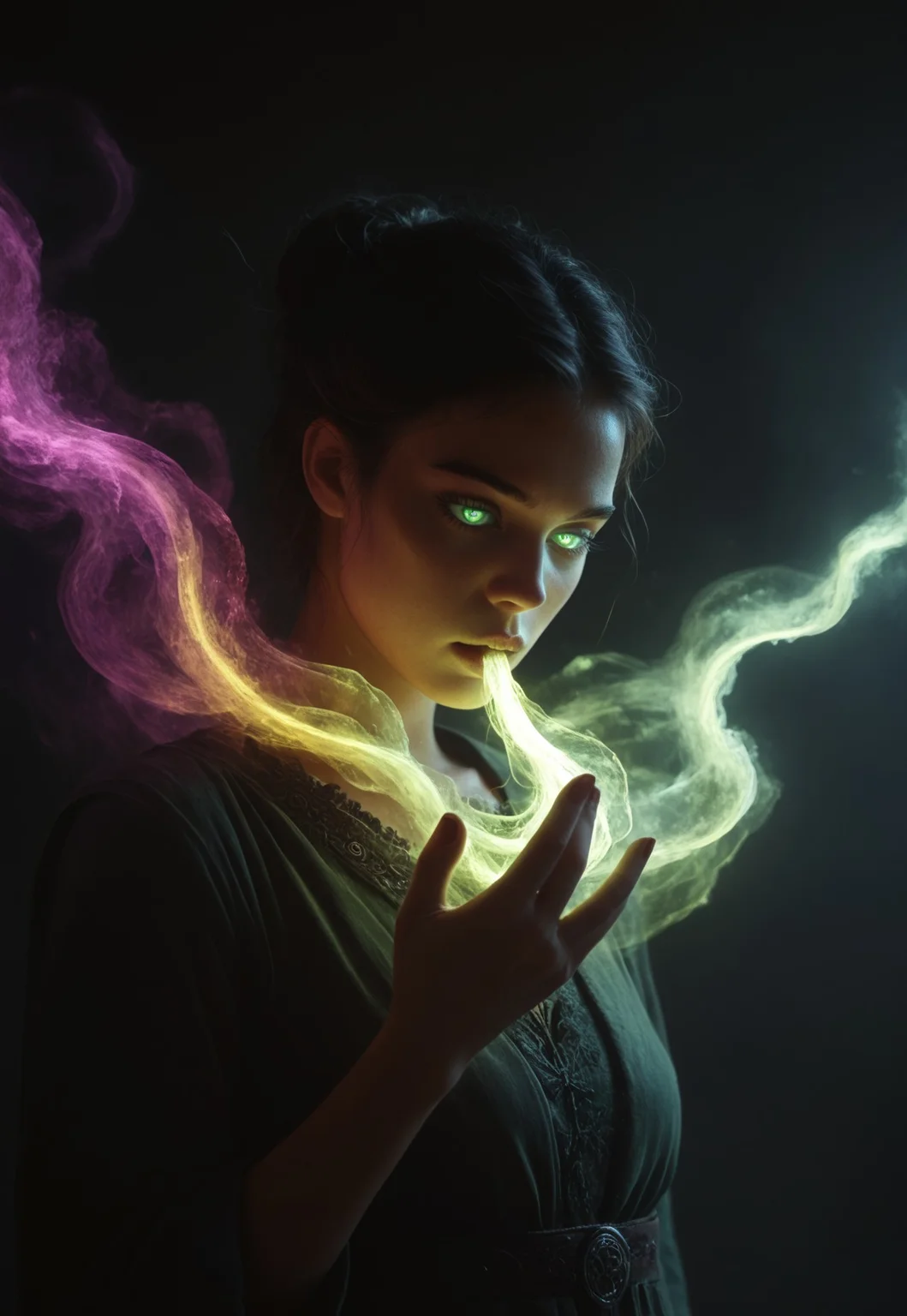 safe_pos, score_9, score_8_up, score_7_up, ((( highly detailed, masterpiece, perfect, detailed, hd)))
,
((( Lot of glowing gas, girl looking down on her hand, glowing eyes, green eyes)))
,
(( 1girl, solo, girl blowing glowing gas on her hand, beautiful ))
,
((( poimagmb, glowing, aura, gas from girl's mouth, gas in mouth, glowing gas, gas around girl)))
,
((( Close view)))
,
((( Glowing aura from girl )))
,
(( ))
,
((( Dark room )))
,
()
