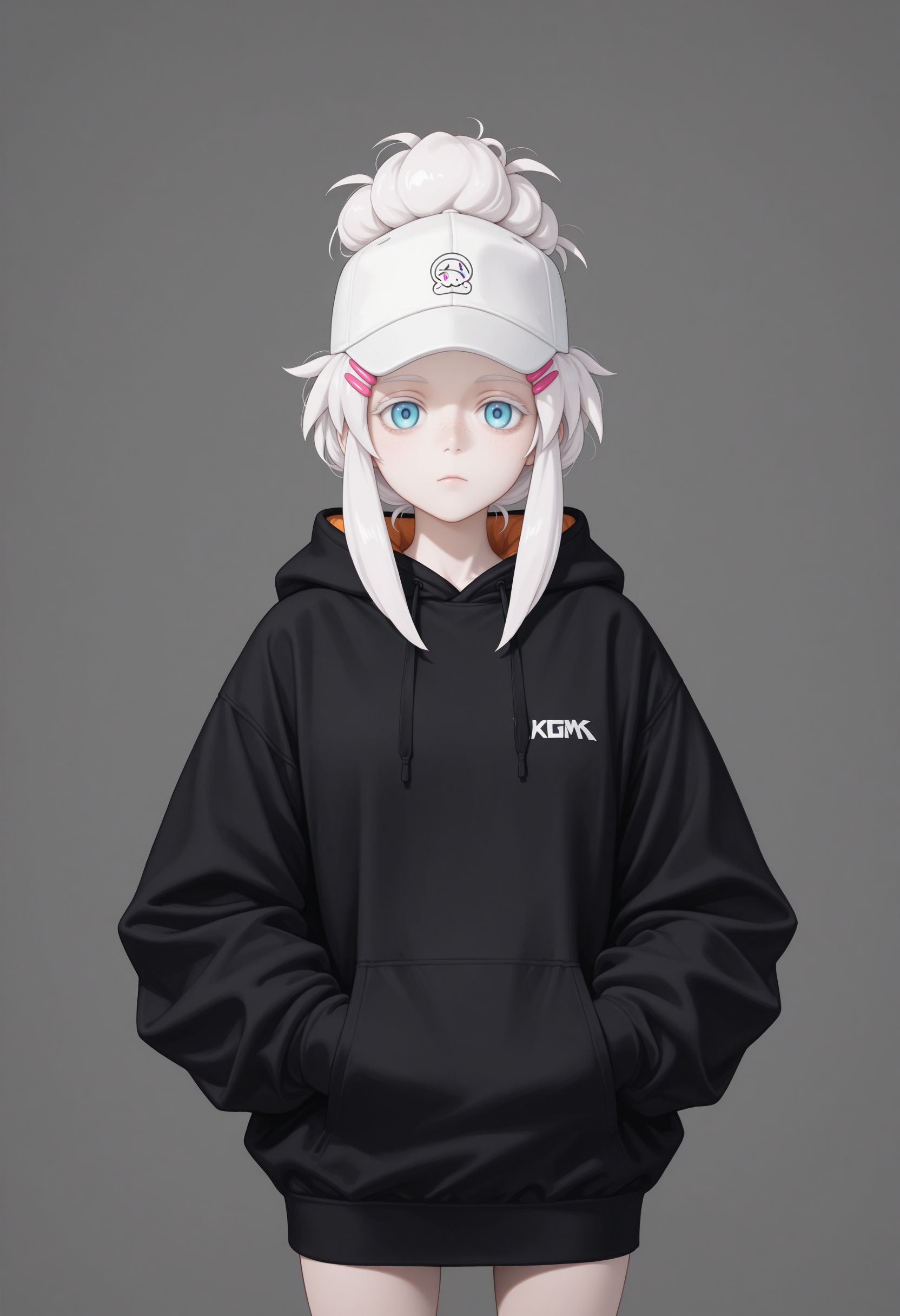 masterpiece, best quality, newest, (realistic:0.5), solo, looking at viewer, 
 <lora:Deux illu:1> 1girl, white hair, single hair bun,sidelocks, white eyelash, hairclip,freckles hair ornament, blue eyes, baseball cap, hat, white headwear,, standing, hood down casual, black hoodie, closed mouth, long sleeves, cowboy shot, drawstring, nail polish, hands in pockets, white background,, simple background, grey background, black jacket, light frown,