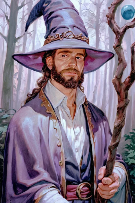 score_9, score_8_up, score_7_up, rating_safe, painterly, traditional media, realistic, 1boy, solo, male focus, mature male, wizard, long hair, brown hair, black eyes, looking at viewer, hat, facial hair, beard, mustache, staff, wizard hat, purple hat, shirt, collared shirt, robe, purple robe, cloak, holding, holding staff, upper body, standing, outdoors, forest, nature, tree, fog, dark background <lora:Dream Painting Style [LoRA] - Pony V6 XL:0.7>