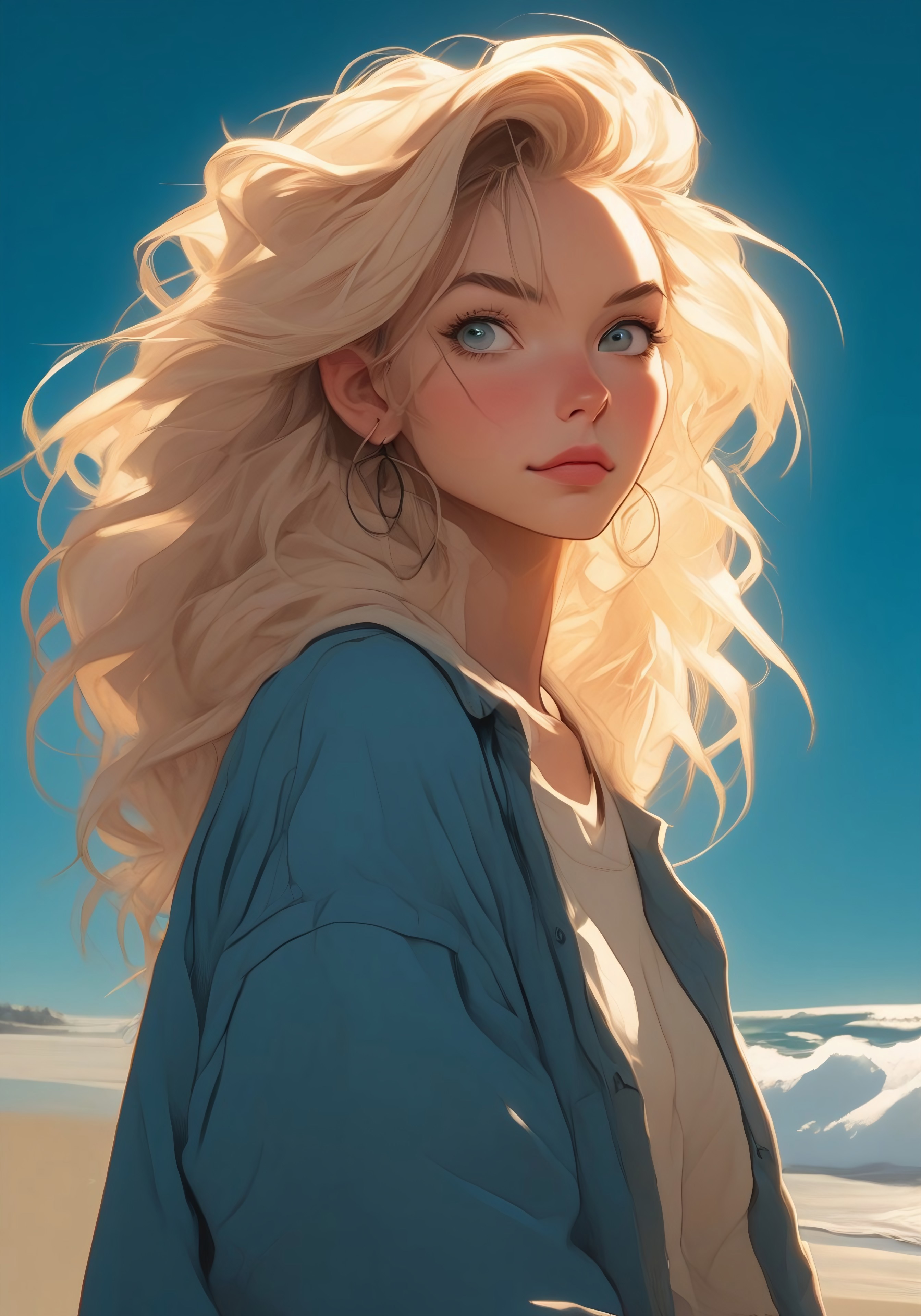 score_9, score_8_up, score_7_up, score_6_up, source_anime, 1girl, solo, with long, blonde hair (detailed hair:1.2), sitting on a beach (detailed beach scene:1.2) ,  light-skinned complexion (detailed skin texture:1.2),  wearing a simple, dark-gray t-shirt (detailed clothing:1.2),  light-wash denim shorts (detailed clothing:1.2),  wearing hoop earrings (accessories:1.1),  looking slightly away from the camera (expression:1.2),  with expressive eyes (facial features:1.3), soft light, warm color palette, (body type:1.1), seated pose (pose:1.2), centered in the frame, soft, diffused sunlight, (sunlight effect:1.1),  light blue sky,  waves in the background (environment detail:1.1),  smooth, painterly style,  anime-inspired, photorealistic, digital art,  warm lighting, detailed hair texture, delicate lighting effects.
