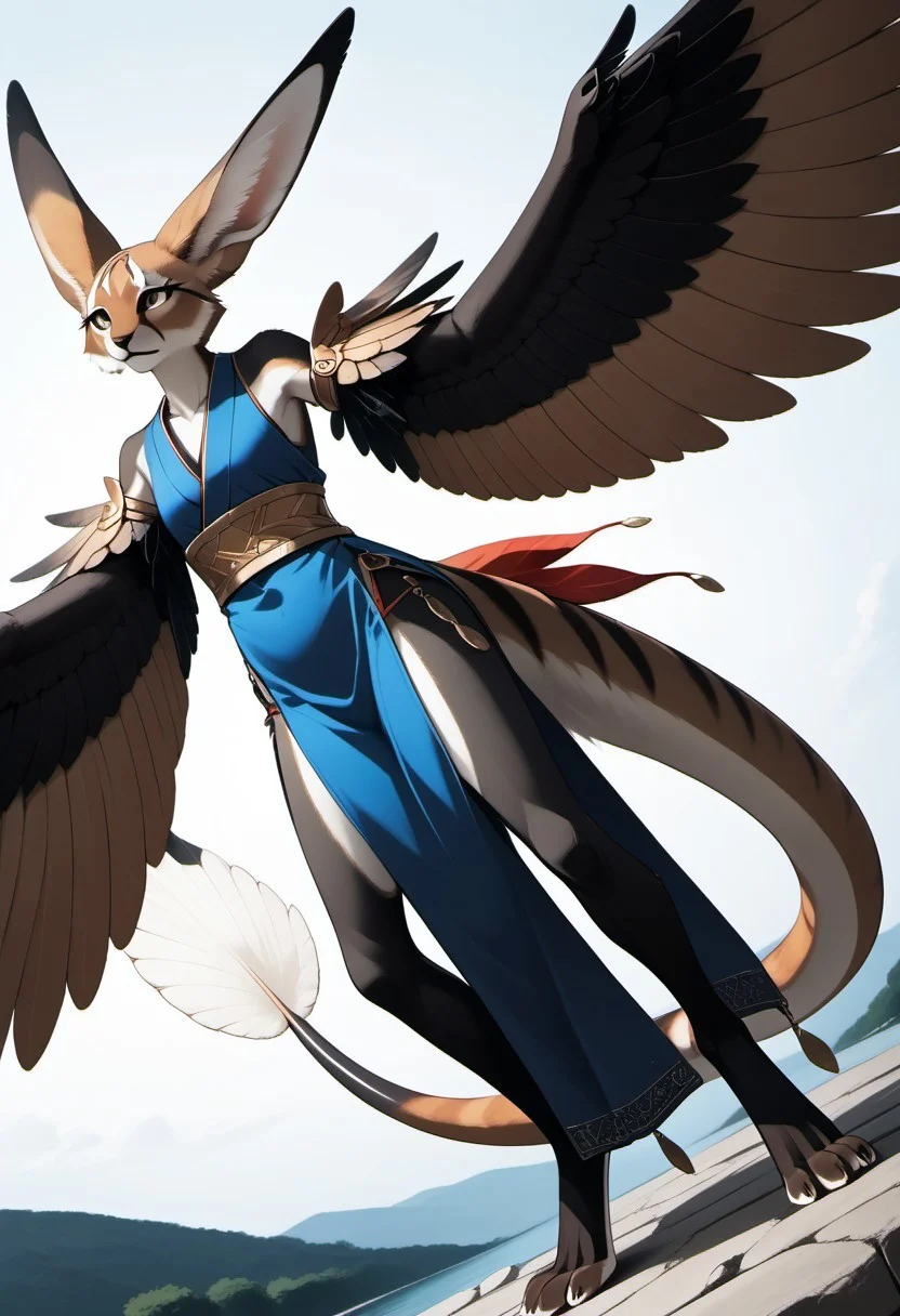 1person, Palagiri, anthro, feline features, feline nose, large ears, ((winged arms)), arms lowered, digitigrade legs, long tail, tapering tail, feather-tipped tail,
Dutch angle,
Source: anime, score: 9, score: 8up,
