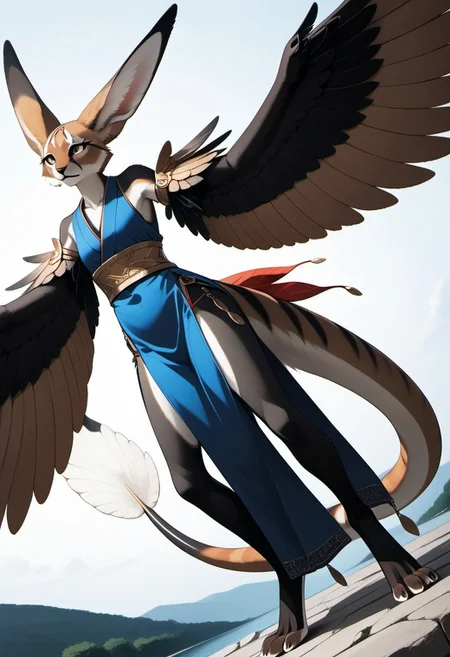 1person, Palagiri, anthro, feline features, feline nose, large ears, ((winged arms)), arms lowered, digitigrade legs, long tail, tapering tail, feather-tipped tail,
Dutch angle,
Source: anime, score: 9, score: 8up,