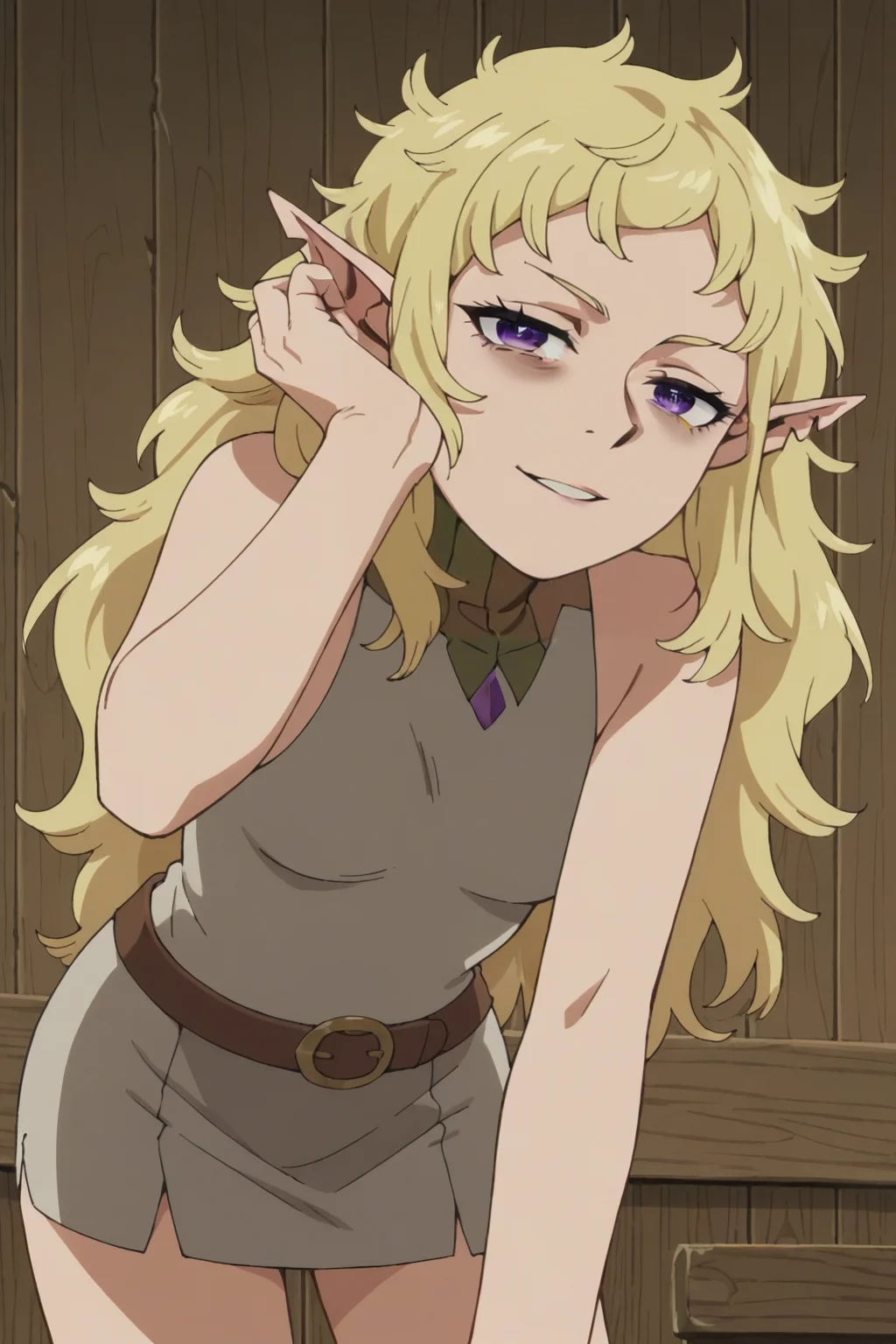 score_9, score_8_up, score_7_up, source_anime, 1girl, prefect lighting, very aesthetic, intricate details, highly detailed background, masterpiece, high quality, prefect hands, best quality, solo,
<lora:Fleki_Dungeo_Meshi_V1:.85>, KJOfleki, blonde hair, purple eyes, pointy ears, notched ear, bags under eyes, messy hair, long hair, half closed eyes,
official outfit, short dress, bare shoulders, brown belt,
from below,standing, leaning forward, smirk, parted lips, adjusting hair, looking at viewer,
room, wooden wall, wooden floor,
(Beautiful, small Breasts:1.2), natural breasts,
