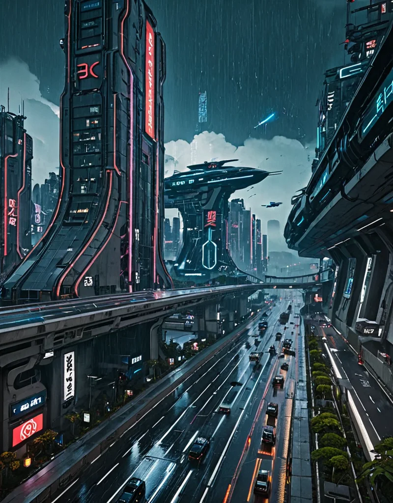 <lora:City_Worlds-1:1> realistic photo of citybkg, cyberpunk, ambiance, day, clouds, airships in the sky, detailed, elevated highway, design buildings, futuristic, side view, high buildings, kanji, illuminated, vegetation, city lights, highway markings, mist, traffic, wet, rain,