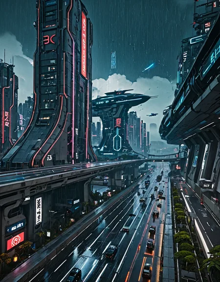 <lora:City_Worlds-1:1> realistic photo of citybkg, cyberpunk, ambiance, day, clouds, airships in the sky, detailed, elevated highway, design buildings, futuristic, side view, high buildings, kanji, illuminated, vegetation, city lights, highway markings, mist, traffic, wet, rain,