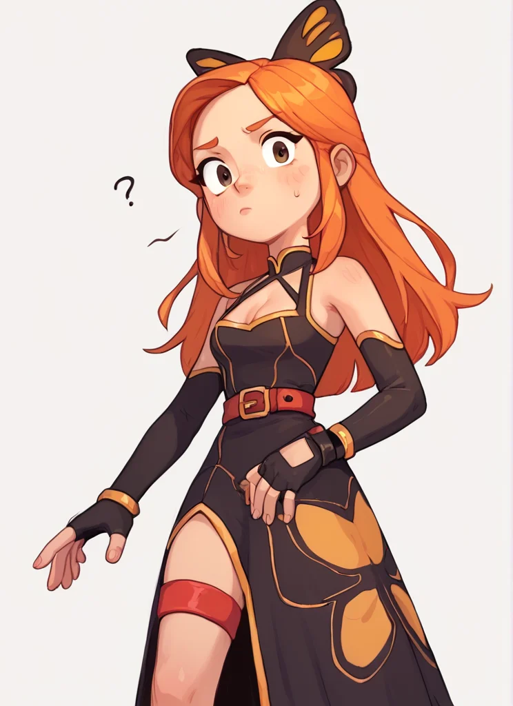 score_9, score_8_up, score_7_up, 1 girl , bpiper , orange hair, long hair, butterfly hair ornament, cleavage , black sleeveless dress,long dress, pelvic curtain, red thigh strap, belt , black elbow gloves, fingerless gloves <lora:bpiper-000004:1> <lora:PossumMachine:1>posmach , confused, ??? ,looking at viewer, simple background,