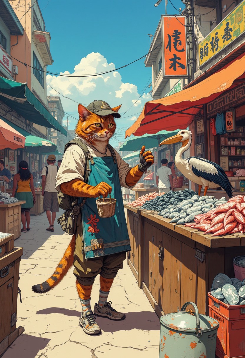a bustling, open-air market filled with colorful awnings, a variety of animal vendors, and lively energy. At the center of the scene is a cat fishmonger, dressed in a traditional apron and small cap, standing proudly behind a rustic wooden stall brimming with fresh fish and seafood of various kinds. Across the stall is a pelican shopper with a wide beak, carefully inspecting the fish while holding a small basket in its wing. Other animals roam and shop in the background, adding to the vibrant and playful atmosphere. DB4RZ, DB4RZ style painting, in the style of cksc, anime, cyberpunk