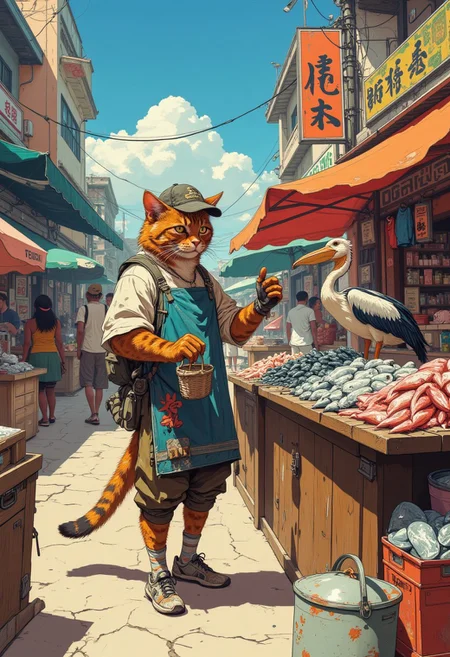 a bustling, open-air market filled with colorful awnings, a variety of animal vendors, and lively energy. At the center of the scene is a cat fishmonger, dressed in a traditional apron and small cap, standing proudly behind a rustic wooden stall brimming with fresh fish and seafood of various kinds. Across the stall is a pelican shopper with a wide beak, carefully inspecting the fish while holding a small basket in its wing. Other animals roam and shop in the background, adding to the vibrant and playful atmosphere. DB4RZ, DB4RZ style painting, in the style of cksc, anime, cyberpunk