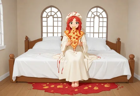 red slime girl ((eating pizza)) pizzasdx, looking at viewer (pizza melting:1.5) medieval bedroom background, masterpiece, full body sitting on bed, white bed, bed, white sheets, window, good light, perfect hands, good hands (hands on pizza)