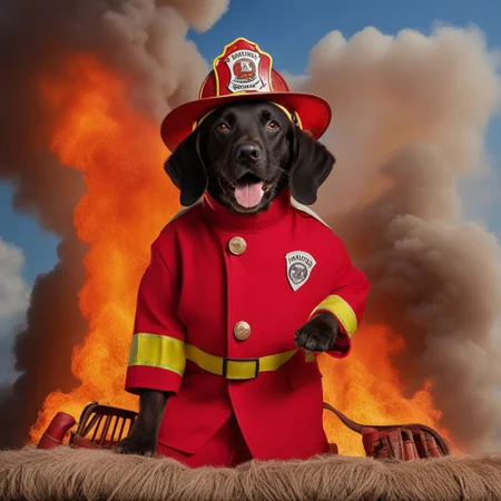 A HuWoof dressed as a fireman with a big fire in the background <lora:SDXL_HuWoof_LoRA:1>