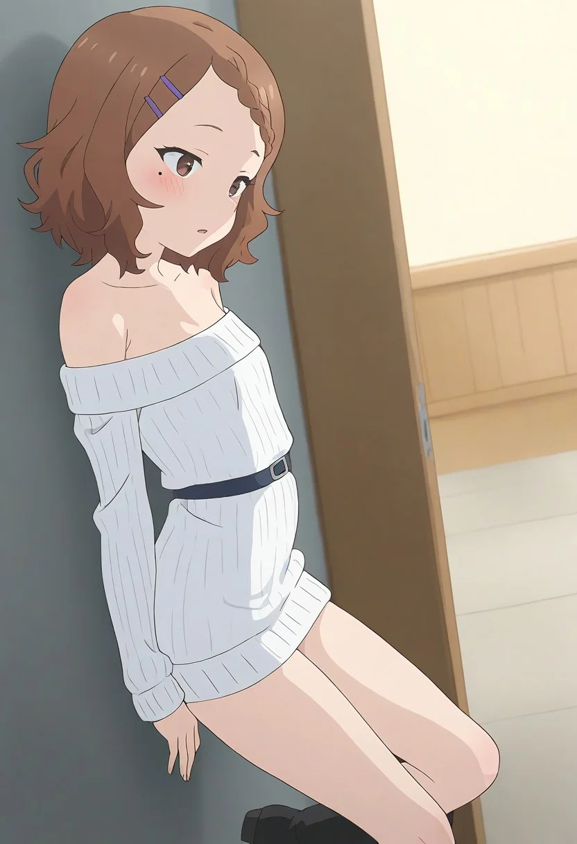 masterpiece,best quality,amazing quality,1girl,  solo, 
Houjou-san, brown hair, short hair, braided bangs, hairclip, center-parted bangs, forehead, wavy bob, 
,small breasts, skinny,  
(slant eyes, brown eyes, beautiful eyes, high definition eyes, :1.1), mole under eye, 
 blush, open mouth,  , tilt head, 
 over sized , white knit, black boots, from side, collarbone, sweater dress, waist strap, off-shoulder sweater
   , parted lips, pleated skirt, Dutch angle,