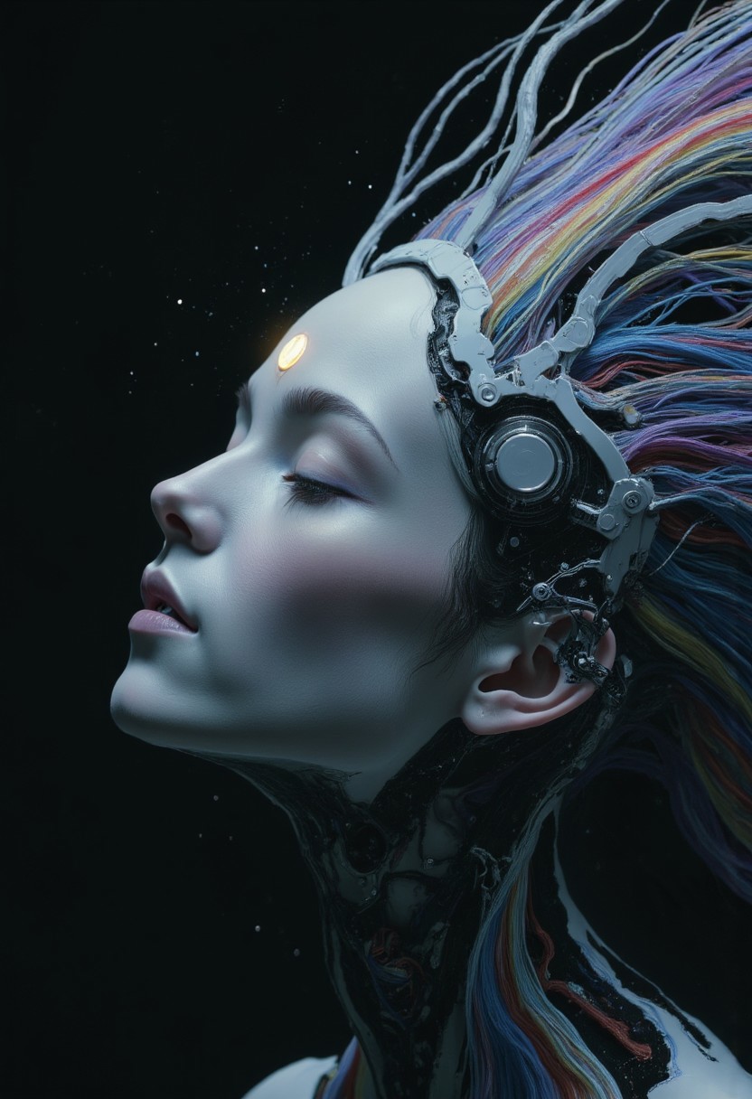 An unearthly and hyper-detailed closeup of a cybernetic being’s face in the style of ck-ncr,  Her features are a flawless fusion of synthetic flesh and intricate machinery, glowing faintly in a gradient of blue and gray. Her expression is serene, almost divine, with eyes half-closed as if in meditation. The details of her face reveal microfilaments of light coursing beneath translucent synthetic skin, seamlessly integrated with polished metallic components. A soft, radiant glow emanates from the center of her forehead, symbolizing transcendence and enlightenment.
The atmosphere around her is veiled in shadow, dense with static haze and punctuated by the faint outlines of decaying technology, evoking a sense of humanity’s forgotten past. The lighting is cinematic, with soft, volumetric beams highlighting her ethereal presence, creating an intense and unsettling mood of otherworldly beauty and profound transformation., transmitting streams of data that cascade like waterfalls of shimmering code. Above, her face is serene, almost otherworldly, with eyes closed as if in quiet meditation,body flows into a large, curved, rainbow-hued arc that stretches across the image, blending into the background., radiating a sense of liberation.