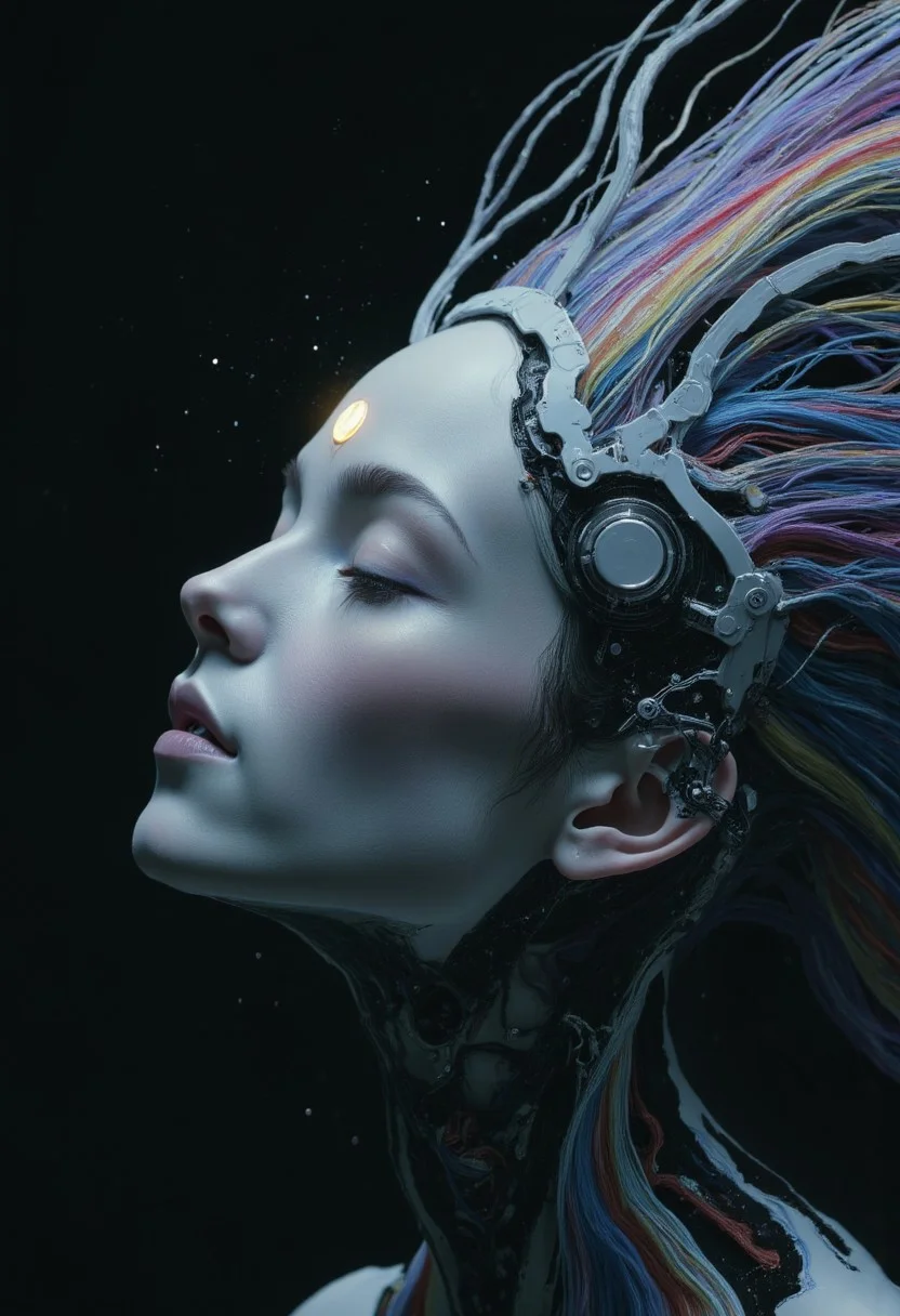 An unearthly and hyper-detailed closeup of a cybernetic being’s face in the style of ck-ncr, Her features are a flawless fusion of synthetic flesh and intricate machinery, glowing faintly in a gradient of blue and gray. Her expression is serene, almost divine, with eyes half-closed as if in meditation. The details of her face reveal microfilaments of light coursing beneath translucent synthetic skin, seamlessly integrated with polished metallic components. A soft, radiant glow emanates from the center of her forehead, symbolizing transcendence and enlightenment.
The atmosphere around her is veiled in shadow, dense with static haze and punctuated by the faint outlines of decaying technology, evoking a sense of humanity’s forgotten past. The lighting is cinematic, with soft, volumetric beams highlighting her ethereal presence, creating an intense and unsettling mood of otherworldly beauty and profound transformation., transmitting streams of data that cascade like waterfalls of shimmering code. Above, her face is serene, almost otherworldly, with eyes closed as if in quiet meditation,body flows into a large, curved, rainbow-hued arc that stretches across the image, blending into the background., radiating a sense of liberation.