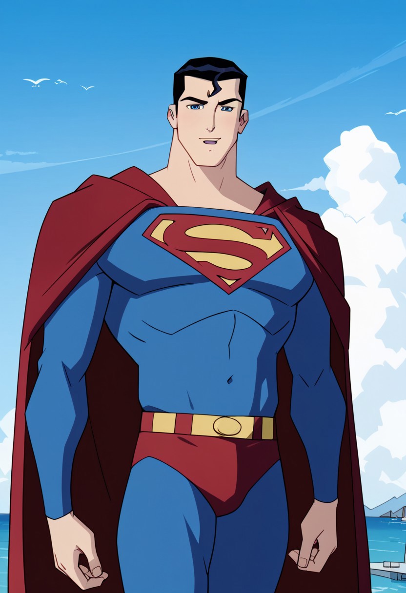 zPDXL3, Score_9_up, score_8_up, score_7_up, best quality, highly detailed, ultra high quality, masterpiece, high res, teen_titans, 1boy, solo, Superman, Super Black Hair, Blue Eyes, Red Cape, Blue Body Suit, Muscular, Muscular Male, Pectorals, Superhero, looking at viewer, cowboy shot, outdoors, clouds, day, blue sky background,
