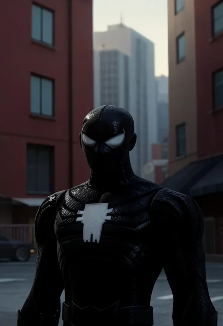 black suit, simple suit, symbiote suit, black mask, white eyes, white patches on hands, black webs, skinny, outside, in city, on rooftop, upper body, boy, solo, score_9, score_8_up, score_7_up, high-res image, masterpiece, best quality, no_pupils