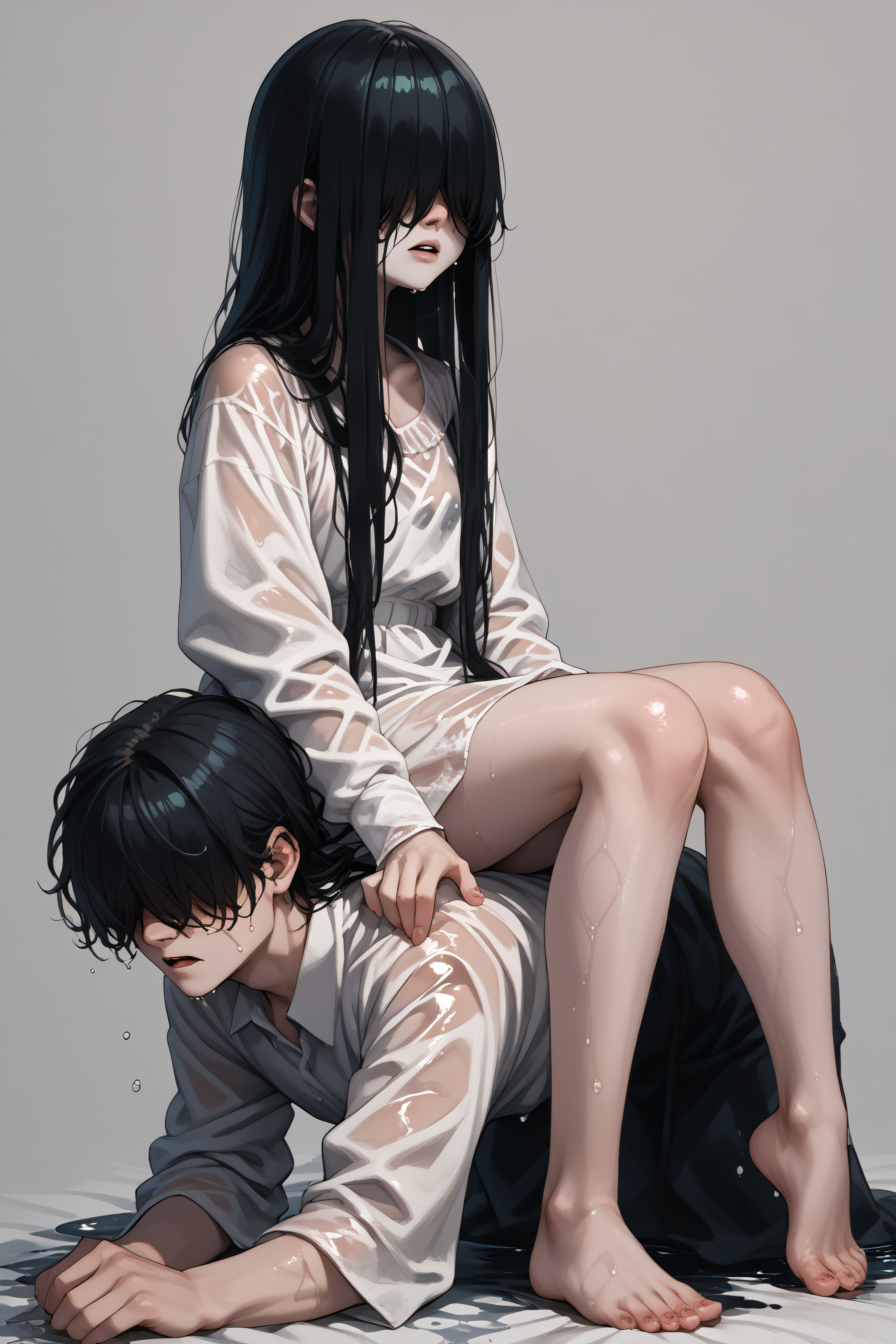 score_9, score_8_up, score_7_up, score_6_up, source_anime, <lora:yamamura sadako-PonyXL-lora-Faxtron:1> yamamura sadako, hair over eyes, black hair, long hair, pale skin, white dress, wet clothes, horror \(theme\),   <lora:sitting_on_person_v0.1-pony:1> sitting on person,