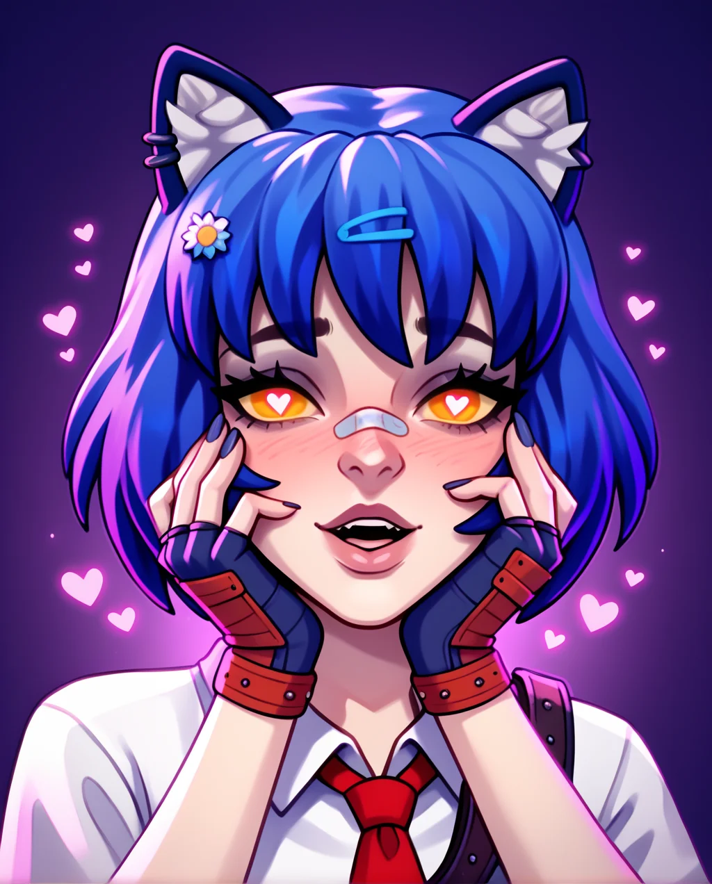 score_9, score_8_up, score_7_up, score_6_up, score_5_up, score_4_up,
BREAK
school_maeve, schoolgirl maeve outfit, bandaid on nose, blue gloves, heart eyes, purple backlight, yandere trance, open mouth, head tilt, close-up,
BREAK
<lora:SchoolMaeve2:0.8>, <lora:yandere_trance_v1_pruned:0.75>