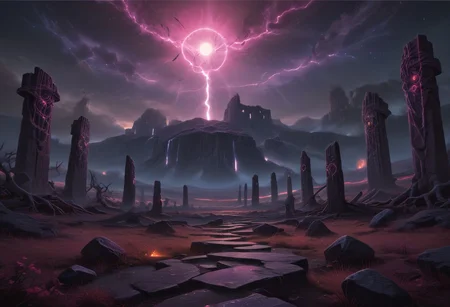 Arcane ruins at night, zavy-mthcl , arcane ruins night time, stars in sky, glowing runes on the arcane ruins. pretty